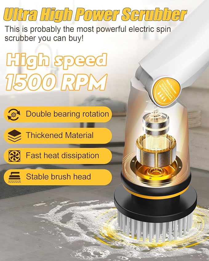 Qimedo Electric Spin Scrubber Q2, 4000mAh Battery, 1500RPM High Power | Floor Scrubber Machine with Long Handle, Cordless Cleaning Brush, 8 Brush Heads and Smart Display for Showers, Tubs and Tile