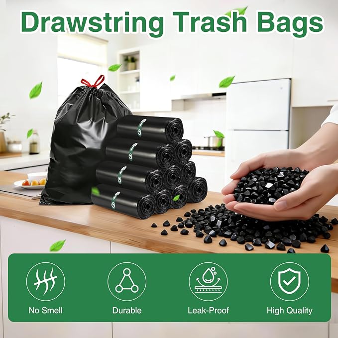 8 Gallon Trash Bag Black Drawstring, 80 Count Heavy Duty Pre-separated Garbage Bags, Thick Trash Bin Liners for Bathroom, Kitchen, Bedroom, Office