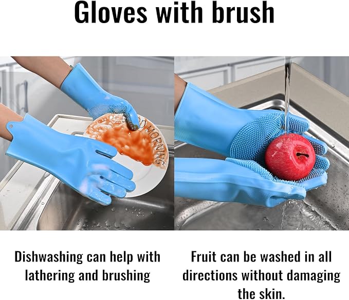 Silicone Dishwashing Gloves with Scrubbers, Pet & Dish Scrubbing（1pair, 12.2" L）