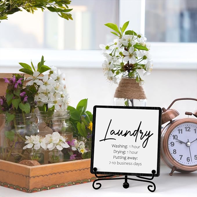 Laundry Room Desk Decor, Laundry Sign, Desk Decorations For Laundry Room, Farmhouse Funny Laundry Shelf Decor, Rustic Wooden Plaque With Stand (C07)