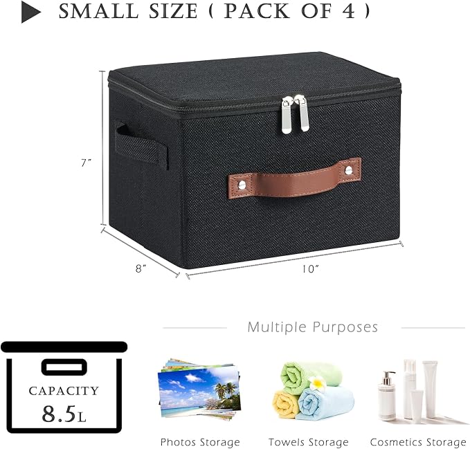 4PCS Storage Bins with Zipper Lids Decorative Lidded Basket Box | Clothes Container, Closet Shelf Organizer, Foldable Washable, Cotton Linen Fabric, w/ PU Leather Handles, Black, Small