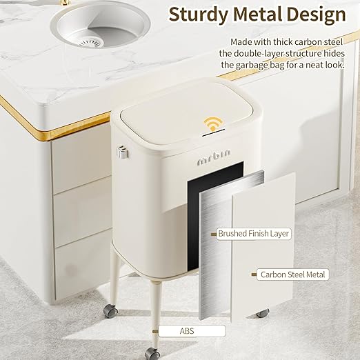 MRBIN Metal Motion Sensor Kitchen Trash Can with Wheel Legs, 36L / 9.5gal Slim Waste Basket with Lid, Pet Proof Tall Narrow Garbage Pail for Vanity, Bedroom, Bathroom, Living Room, Sunflower