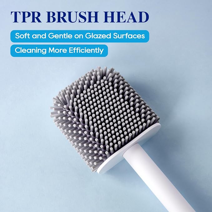 Silicone Toilet Bowl Brush with Holder, 2 Pack, White | Ventilated Holder, Floor Standing & Wall Mounted, Toilet Cleaner Brush for RV Travel, Camper, Family Bathroom