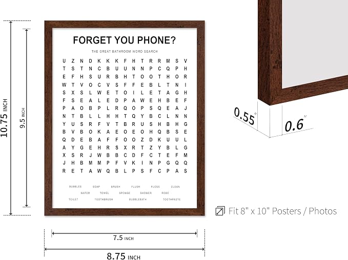 Poster Master 2-Piece Forget Your Phone Print - The Great Bathroom Word & Way Search Poster - Guest Bath Decor - Black & White Design - Powder Room Decor - Fun Restroom Sign - 8x10 Brown Framed