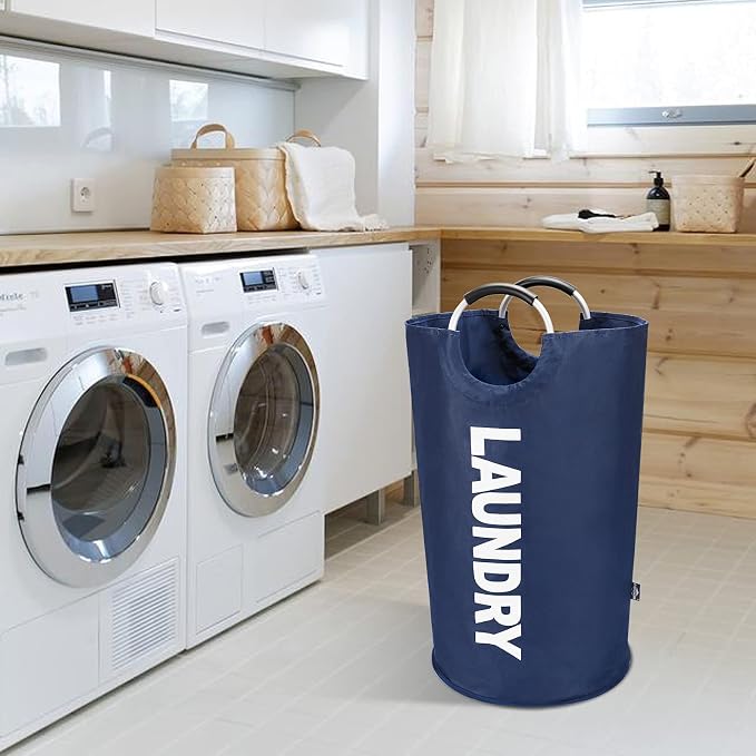 DOKEHOM 90L Large Laundry Basket Bag, Collapsible Tall Hamper, Dark Blue | Freestanding tall washing bin & foldable laundry bag. High-capacity clothes storage basket with durable sturdy handles