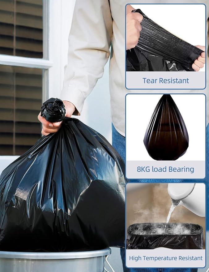 WAIKAS 13 Gallon Trash Bags, Pack of 28, Black Kitchen Garbage Bags 13 Gal, 61x75cm, 12g/pcs, Unscented