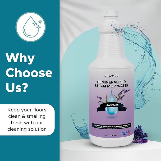 Steam & Go Demineralized Water for Steam Mop – Lavender Scent, 32 oz (Pack of 12)| Scented Floor Cleaner Solution, Ready-to-Use, Compatible with Any Steam Cleaner
