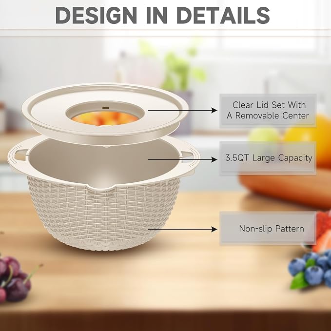 4-1 Colander with Bowl & Spoons Set - Rotatable Colander for kitchen with New Upgraded Graters, Food Strainer(Patented) for Pasta, Fruits, Vegetables, Funny Presents for Women, Beige