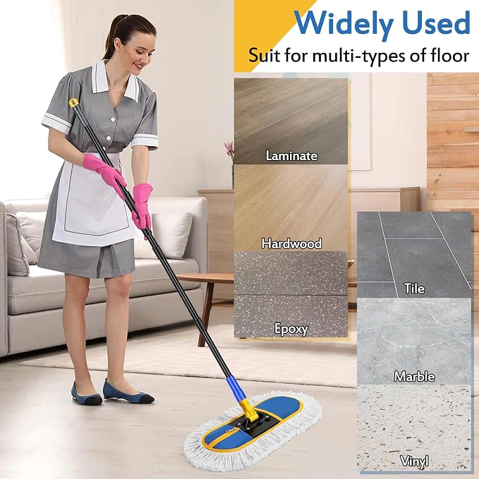 SOBONNE Dust Mop for Hardwood Floors Cleaning,Wet Dry Dust Broom | 56" Iron Long Handle Floor Duster| Washable Cotton Mop Pad for Home, Kitchen,Wood,Tile,Laminate,Vinyl Floors Mopping