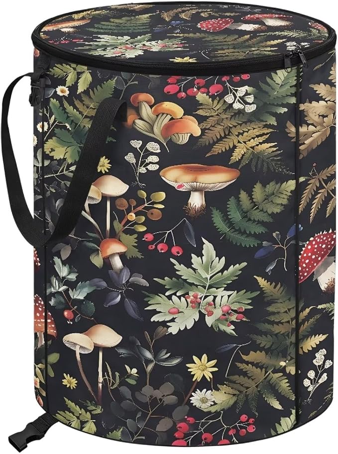 Leaves Mushroom Outside Garbage Can with Lid 24 Gallon Collapsible Trash Can Easy to Clean Pop-Up Storage Bag for Outdoor Parties Foldable Reusable Trash Bin Camper Must Haves