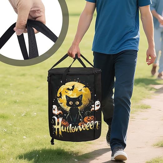 doginthehole Halloween Decorations Collapsible Trash Can with Lid Cute Black Cat Pumpkin Garbage Can Waterproof Portable Waste Bin for Camping, Yard, Picnic, Patio Halloween Party Supplies Fall Decor