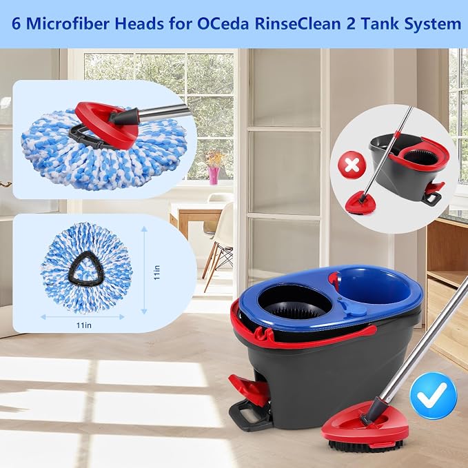 8 Pack Spin Mop Replacement Heads for OCedar RinseClean 2-Tank System, 100% Blue Microfiber Refills, Includes 1 Scrub Brush & 1 Base, Machine Washable Deep Cleaning Floor Mop Head