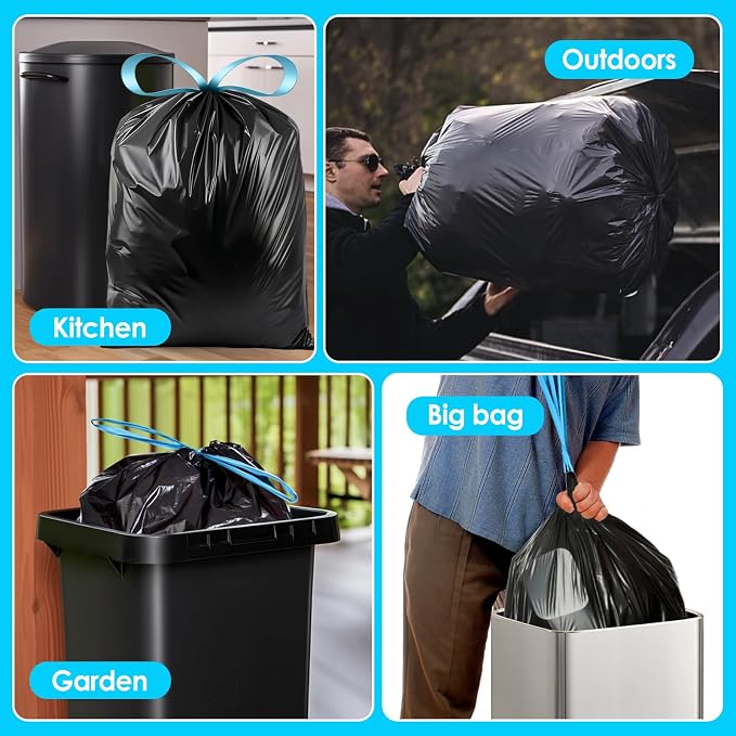 15 Gallon 120 Counts Strong Drawstring Trash Bags Garbage Bags by Teivio, Bathroom Trash Can Bin Liners, Plastic Bags for home office kitchen, Black