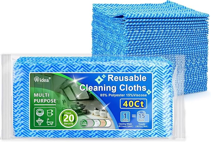 AIDEA Cleaning Wipes, Multi-Purpose Towel Reusable Cleaning Cloths 40Ct(1 Pack), Domestic Wipes, Dish Cloths(12''x24'') | Cleaning Rags Dish Cloths for Washing, Daily Cleaning Towel for Household/ Bathroom and Office Cleaning Supplies, Blue