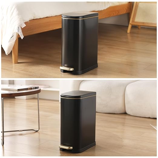 SYNCVIBE Bathroom Trash Can with Soft Close Lid 3.5 Gallon Matte Black | Stainless Steel Garbage Can with Removable Inner Bucket Slim Trash Bins with Step Pedal for Bedroom, Office
