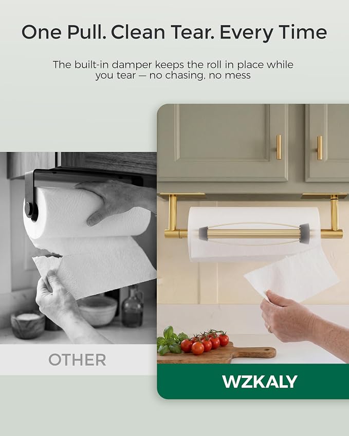 Gold Paper Towel Holder Under Cabinet with Damping Self Adhesive | 304 Stainless Steel Post Pivoting Design Wall Mounted & No Drilling, Single Hand Operable for Kitchen Bathroom, Square Base