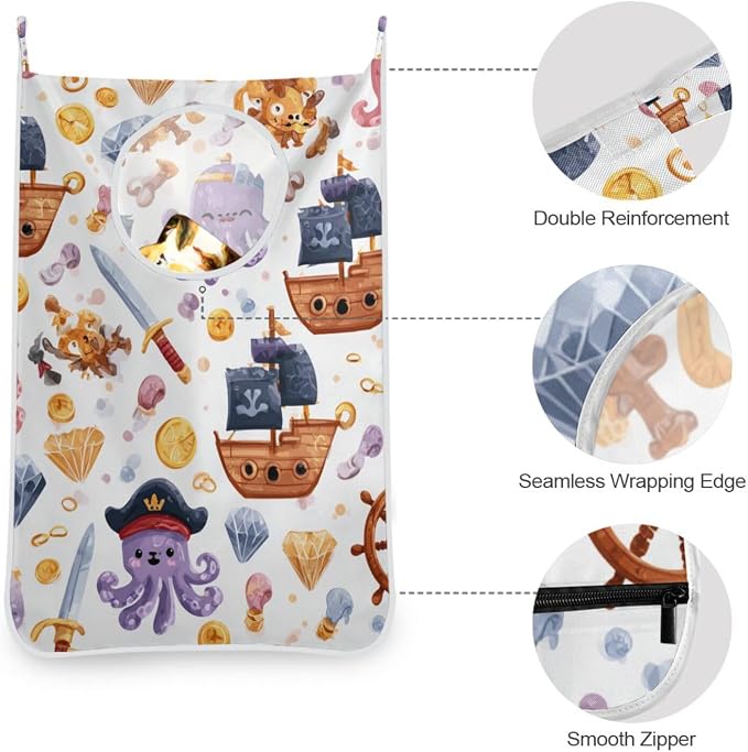 Cute Pirate Octopuses Sailboats Diamonds Hanging Laundry Hamper Door Hampers Bag Basket with Stainless Steel Hooks Oxford Fabric Printing Decorative Clothes Bags 29.5X20inch 2Pack