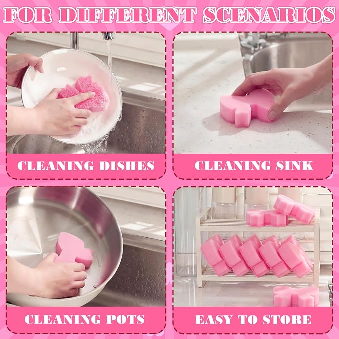 Tioncy 12 Pack Pink Bow Sponges Dual Sided Non Scratch | Reusable for Dishwashing Cookware Pot Pan, Preppy Cute Kitchen Cleaning Accessories, Non Scratch Bulk Household Supplies