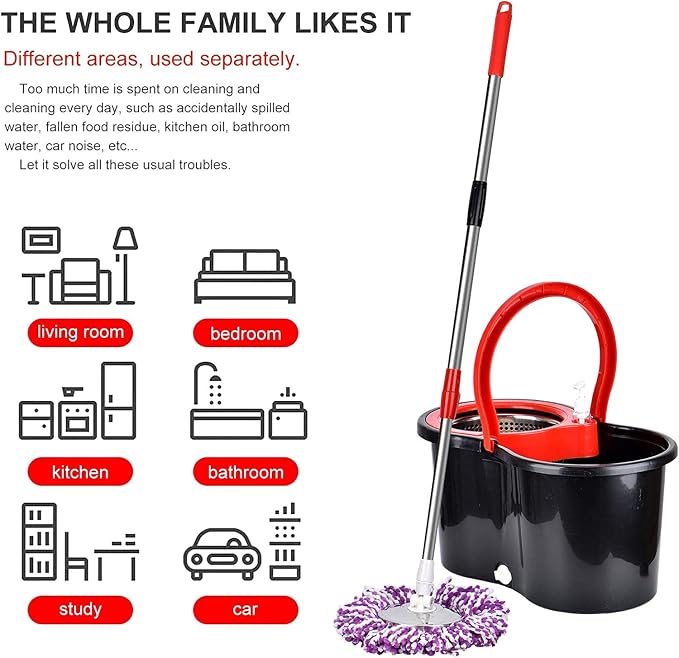 Spin Mop and Bucket with Wringer Set, 6 Mop Refills, 61" Handle (2 Sets) | 360° Spinning Mop System with Stainless Steel Extended Handle & 6 Microfiber Refills for Floor Cleaning