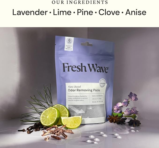 Fresh Wave Odor Eliminating Packs, 6-Pack with Pod Case, Lavender | Plant oil formula, Lasts 15-30 days, Closet and bathroom odor absorber, No plug-in needed, Fits trash cans and diaper pails
