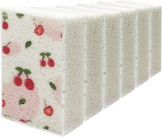 Scratch Scrub Sponge, 6 - Pack Kitchen Sponges for Cleaning Around the Home, Bathroom & More, Large Size Scratch-Free Dish Scrubber, Best for Nonstick Pots and Pans (4" x 6" x 1",Cherry