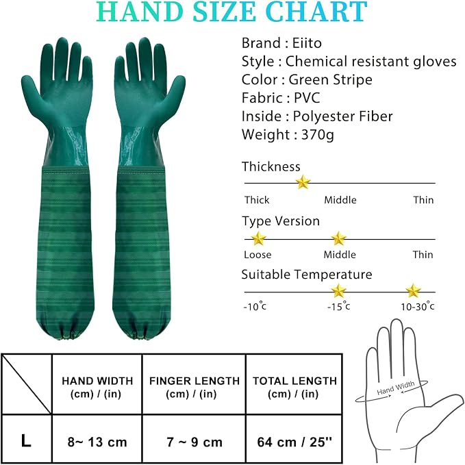 Eiito Extra-Long 26" Rubber Pond Gloves, Chemical Resistant PVC Reusable Heavy Duty Waterproof Cleaning Glove