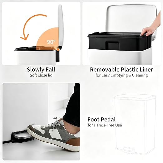 13 Gallon/50L Stainless Steel Step Trash Can, Soft Close Pedal Garbage Bin with Detachable Inner Bucket,Fingerprint Resistant,Dual-Use Waste & Recycling Container for Home Kitchen, Bathroom and Office
