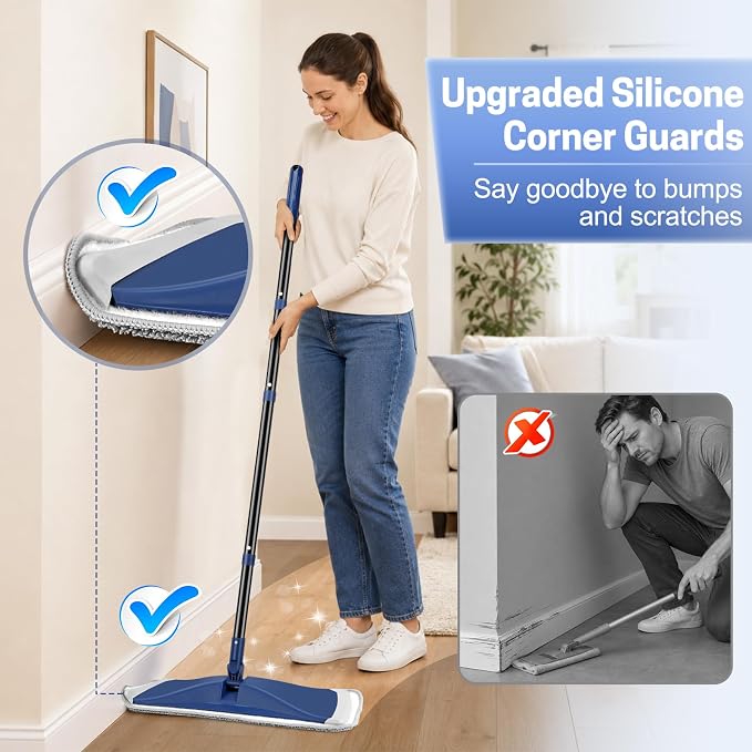 BUVE Microfiber Flat Mop for Hardwood Floors Cleaning | Wet Dry Use|360°Swivel Head|2 Washable Pads|Silicone Bumper Edge|59" Adjustable Handle for Vinyl,Laminate,Tile Floor Dust