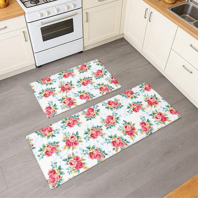 Feelyou Red Floral Kitchen Rugs Sets 2PCS Romantic Rose Flowers Kitchen Mats for Floor Blue White Plaid Reversible Patchwork Cushioned Anti Fatigue Waterproof Non-Slip Rugs Accessories