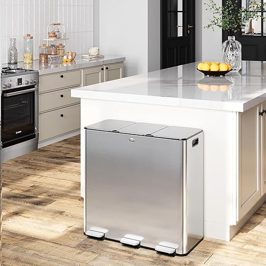 Trash Can 90 L/23.8 gal,Three-Compartment Pedal Stainless Steel Kitchen Recycling Trash Can with Odor Seal, Hands-Free Foot Operated Waste Bin for Home, Office, Restaurant, School, Hospital