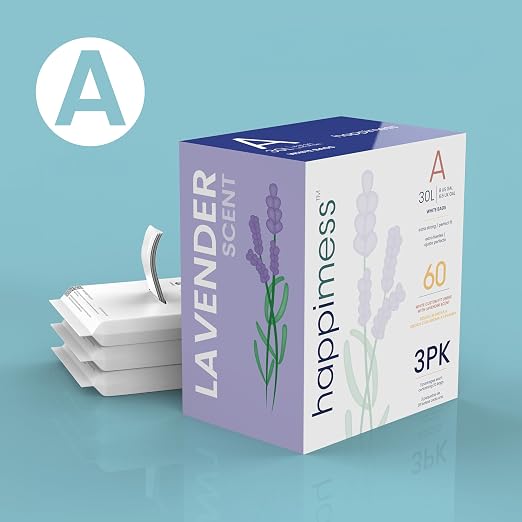 happimess 20-Count Lavender 8 Gal Drawstring Trash Bags, White, Pack of 5 | 30 Liters, Heavy Duty MDPE Plastic, Tear And Puncture Resistant, Tailored Custom Fit, Recyclable, Odor Control