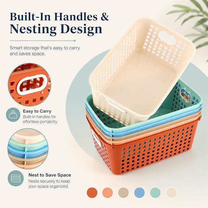 6 Pack Plastic Classroom Storage Baskets, Organizer Bins with Handle | Vintage Color 11" × 7.1" × 4.6" Medium Papers Book Storage Organizer for School Classroom Library Office Home Desktop Closets