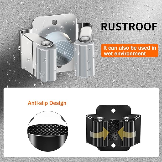 AKOAK Broom and Mop Rack Holder, Wall Storage Organizer, Screw Mount, Garden Tool Organizer Stainless Steel Mop Rack, Home, Kitchen, Bathroom, Garden, Garage Storage (4 PCS, Black+Silver)