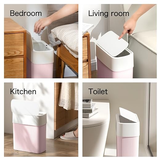 Bathroom Trash Can with Lid, 12L Small Plastic Garbage Can for Kitchen with Press Top Lid, 3.2 Gallon Slim Dog Proof Wastebasket Trash Bin for Office, Bedroom, Living Room, Home Cabinet-Pink