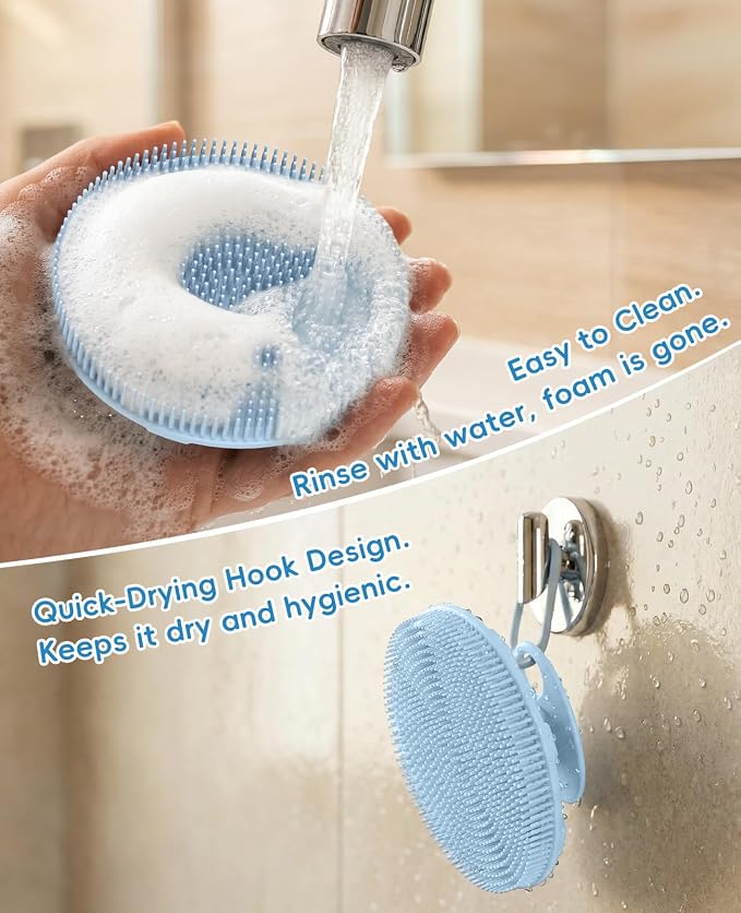 Soft Silicone Shower Brush Body Wash Bath Exfoliating Skin Massage Scrubber | 4 Pack Dry Skin Brushing Glove Loofah, Fit for Sensitive and All Kinds of Skin(2 Pack Sky Blue+2 Pack Black)