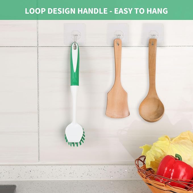 Dish Brush with Handle, 2 Pack Scrub Brushes, Green | Built-in Scraper, For Cleaning Kitchen, Pots, Pans and Sink, Scrubber Washing Tools