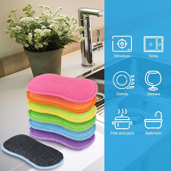 HOMEXCEL Dish Sponge 6 Pack, Microfiber Kitchen Sponges for Cleaning | Non Scratch Microfiber Sponges for Washing Dishes, Double-Sided Scrub Sponge for Pots, Pans, Glass