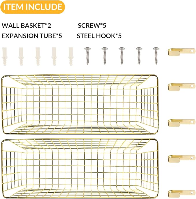 2 Sets Gold Extra Large Hanging Wall Basket with Steel Hooks | Metal Wire Baskets for Organizing, Wallmounted Fruit Vegetable Toy Snack Storage, Home Kitchen Bathroom Laundry Pantry