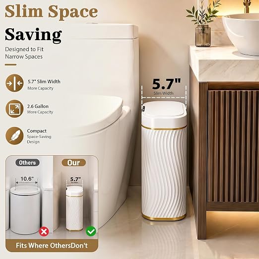 5 Gallon Automatic Bathroom Trash Can with Touchless Lid, White Gold | Motion Sensor Trash Can with Slim Waterproof Body; Small Plastic Garbage Can, hands-free lid for Bedroom, office, and kitchen