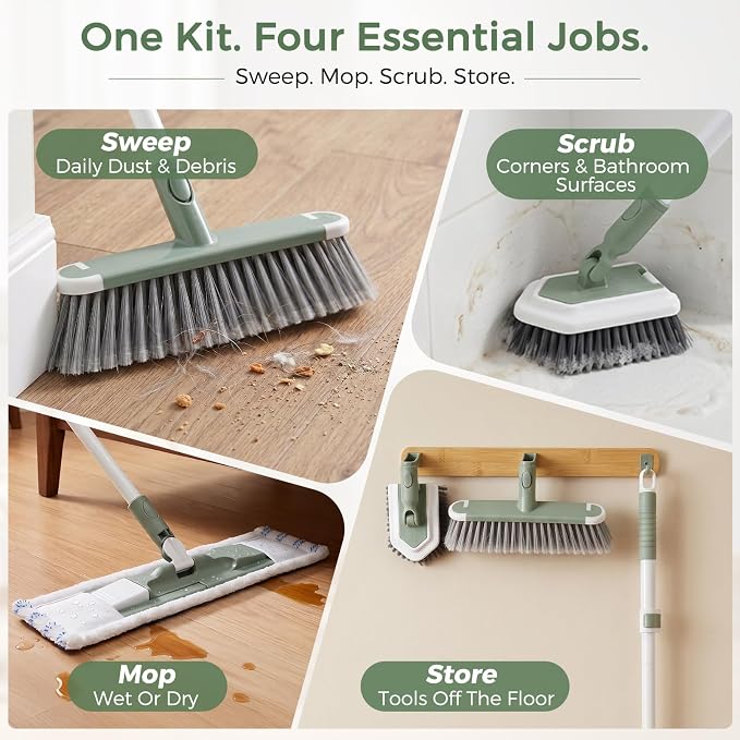 DEANIC 4-in-1 Mop Broom Brush with Holder Wall Mount Set | Floor Cleaning Tool Set with Extendable Handle (43 in to 49 in) ,Triangle Scrub Brush for Home Kitchen Bathroom Hardwood