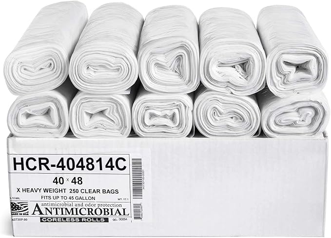 Aluf Plastics 45 Gal Clear Trash Bags, 14 Micron (EQ.), 40" x 48" (250 Pk)