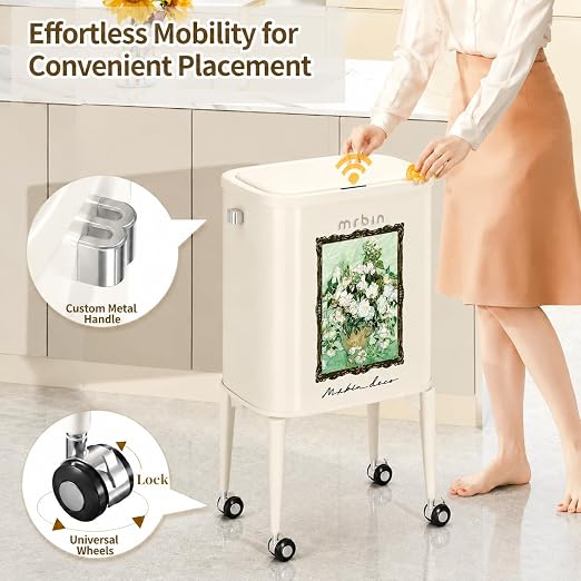 MRBIN Metal Motion Sensor Kitchen Trash Can with Wheel Legs, Slim Waste Basket with Lid, 36L / 9.5gal Pet Proof Tall Narrow Garbage Pail for Vanity, Bathroom, Bedroom, Living Room, White Rose