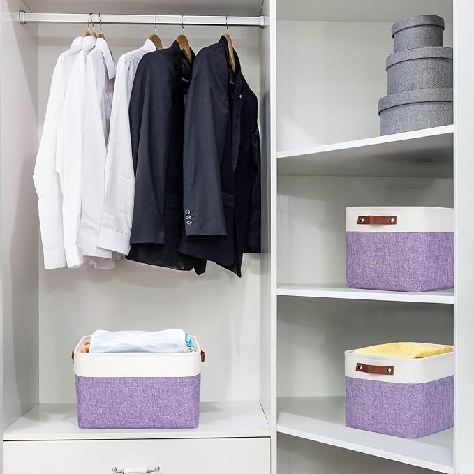 Storage Bins Large Fabric Storage Baskets for Shelves 3 Pack, Decorative Linen Closet Baskets with Handles for Organizing, Shelf, Clothes, Home, Office, 15x11x9.5Inches (Purple&White)