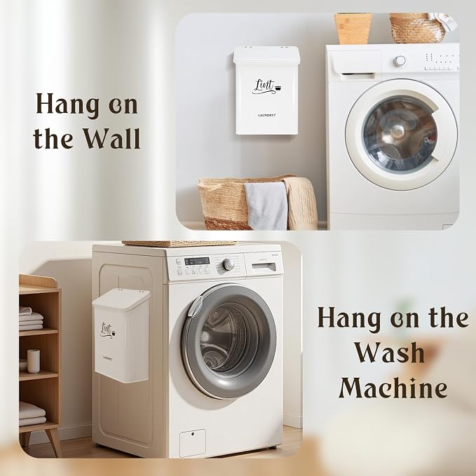 Magnetic Lint Bin for Laundry Room with Brush & Hook - Large Laundry Organizer and Storage, Wall Mounted Trash Can with Lid, Space-Saving Dryer Lint Holder Laundry Room Decor, White