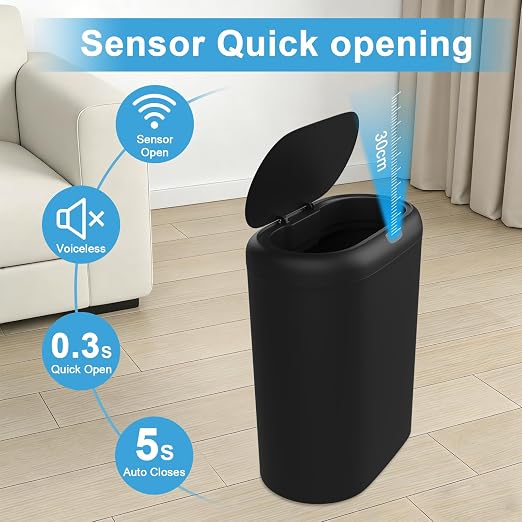 Naisu 4 Gallon Automatic Sensor Trash Can with Lid, 2 Pack Sealed Slim Design Waterproof Bathroom & Kitchen Garbage Bin, Motion Sensor Technology, Ideal for Small Spaces (Black)