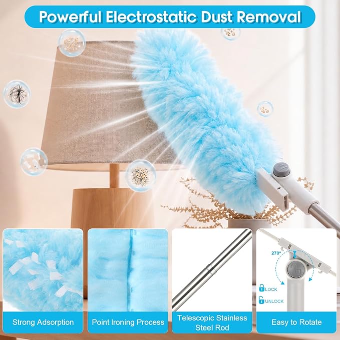 40 Pcs Heavy Duty Duster Refills with 6 ft Extendable Handle and 1 Pair of Gloves, Compatible with Swiffer 360° Disposable Microfiber Feather Dusters Kit for Cleaning Home(Blue)