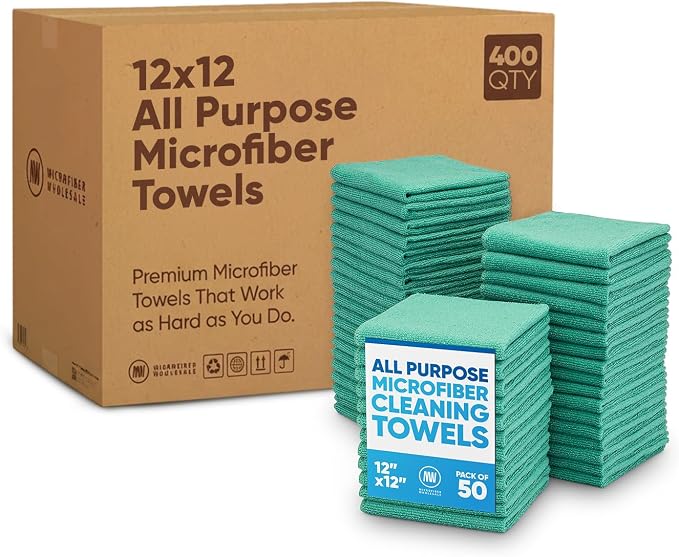 Bulk 12” X 12” All Purpose Microfiber Towels Wholesale - Case Quantity (400 Count) | No Fraying | High Density Microfiber | Zero Chemical Cleaner | Long-Lasting (Green)