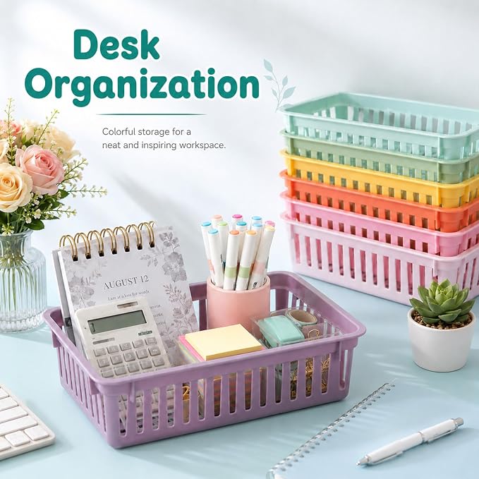 gisgfim 12 Pack Classroom Small Plastic Baskets for Organizing Mini Pencil Crayon Storage Bins Classroom Container Boxes for School Teacher Supplies Home Office Desk 6.1" L X 4.7" W X 2.4" H (Pastel)