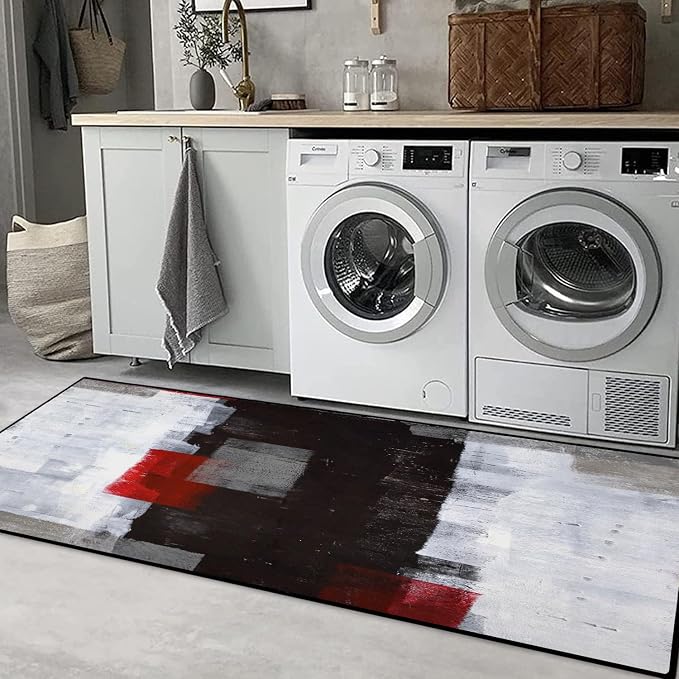 TOMWISH Kitchen Mats for Floor 2 Piece Set Red and Grey Kitchen Runner Rug | Non Skid Cushioned Kitchen Floor Mat Vintage Office Farmhouse Runner Mat for Laundry 20"X32"+20"X48"+20"X59"