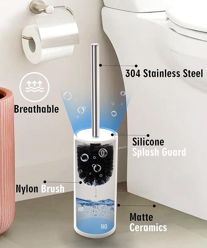 Matt White Ceramic Toilet Brush and Holder Set | Freestanding Toilet Bowl Cleaners Brush, Scrubber Brush for Toilet, Bathroom Accessories with Stainless Handle, Deep Cleaning